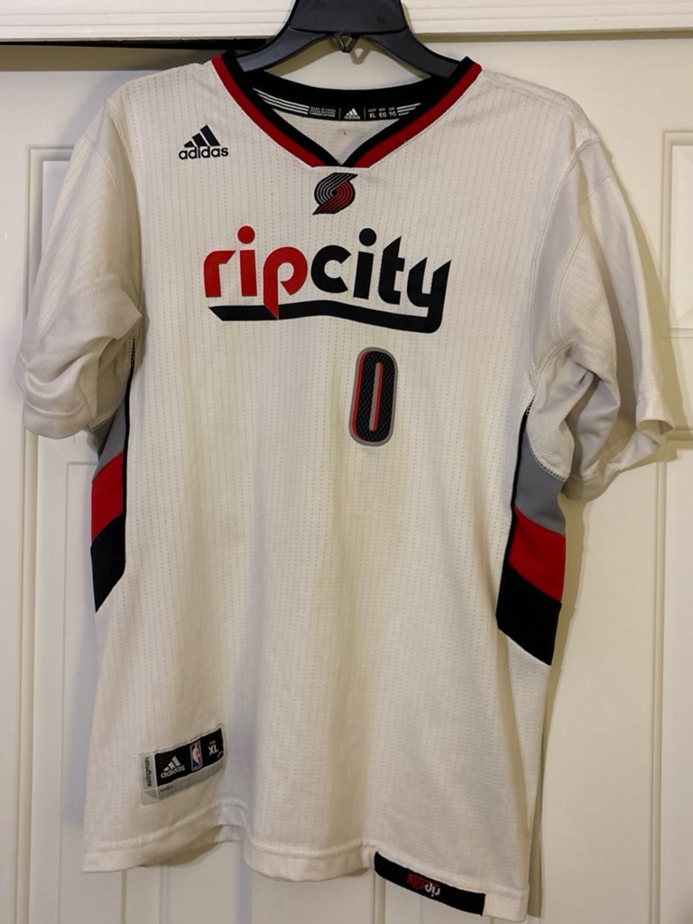 Adidas White Rip City Portland Basketball Jersey with Red and Black Accents